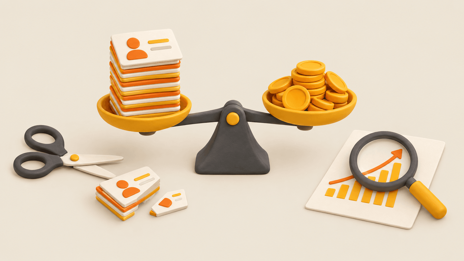 Рычажные весы со стопкой карточек и монетами, ножницы, лупа на графике. 3D-иллюстрация
